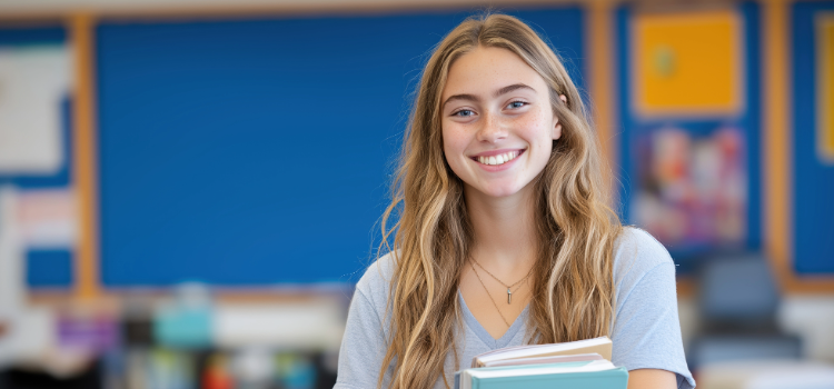 Glad tjej med skolböcker