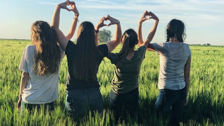 Fyra flickor som står på en äng och bildar hjärtan med händerna